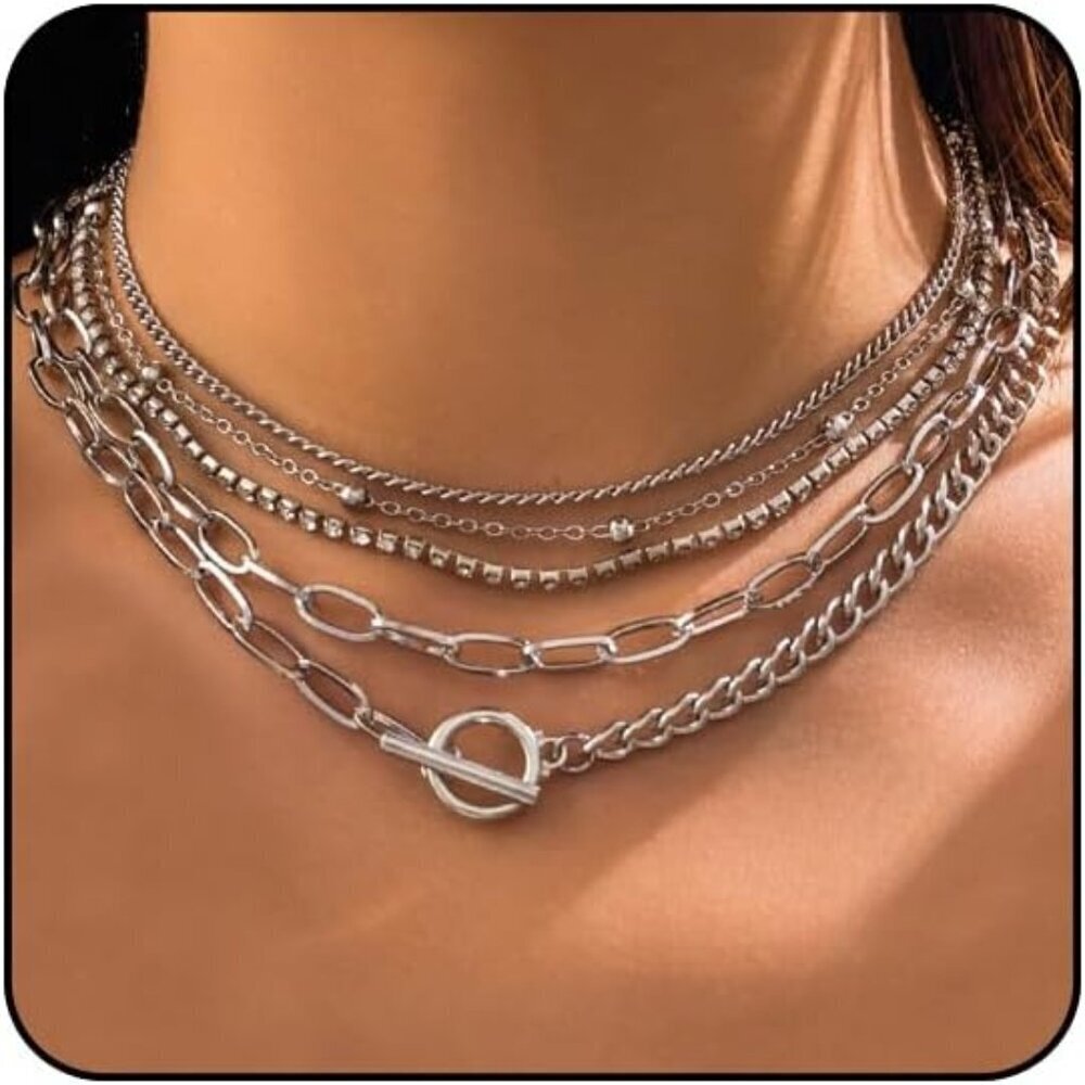 🆕Women Silver Heart Pendant Necklace Chunky Layered Paperclip Chain Jewelry Set